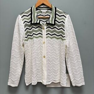 Exclusively Misook White and Green Chevron Collared Cardigan M